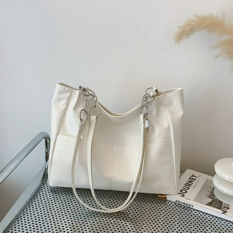 White Casual Shoulder Tote with Pom Pom Pendant - Image 3