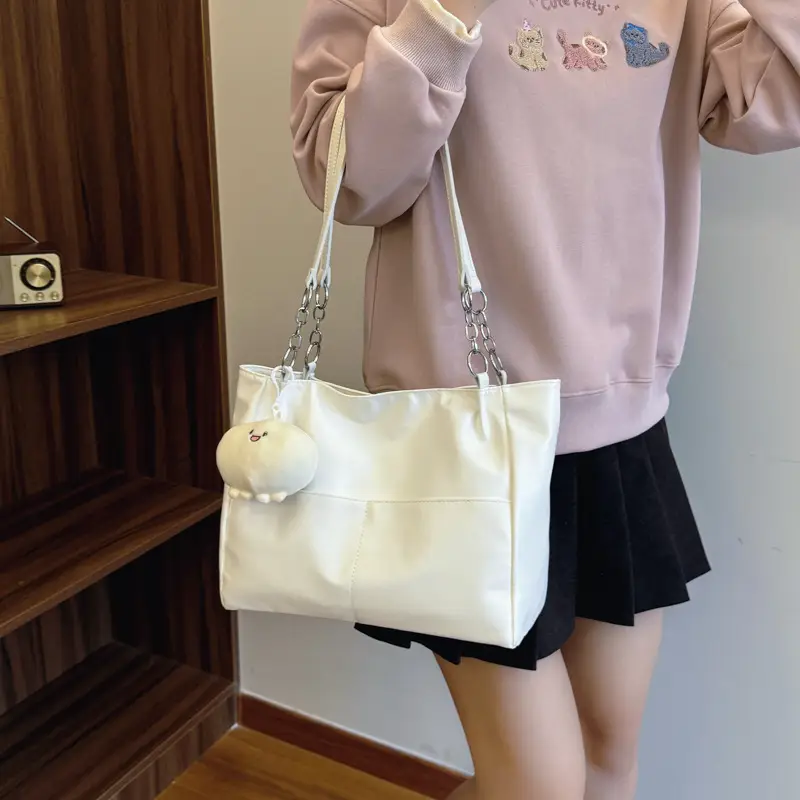 White Casual Shoulder Tote with Pom Pom Pendant - Image 4
