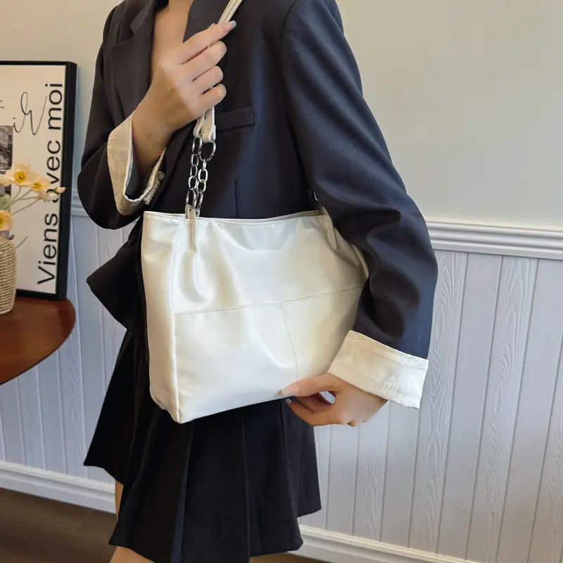 White Casual Shoulder Tote with Pom Pom Pendant - Image 5