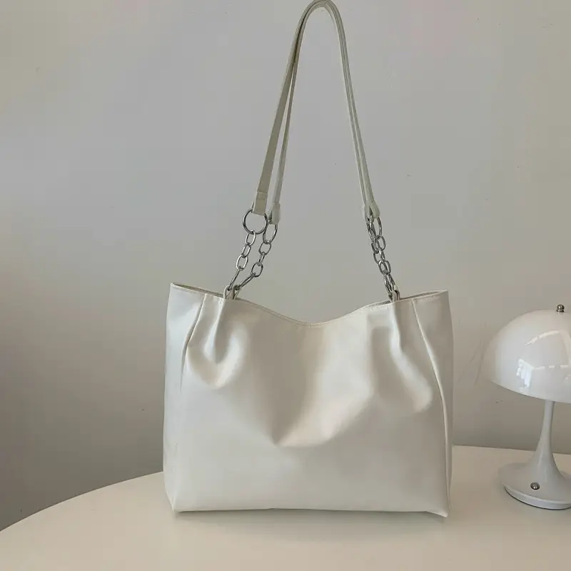 White Casual Shoulder Tote with Pom Pom Pendant - Image 6