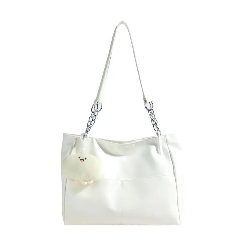White Casual Shoulder Tote with Pom Pom Pendant - Image 7