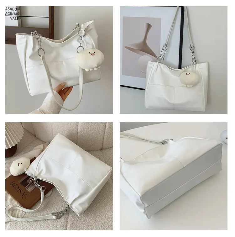 White Casual Shoulder Tote with Pom Pom Pendant — feature 10