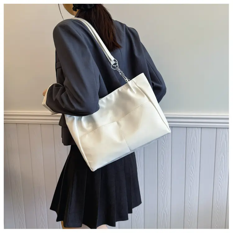 White Casual Shoulder Tote with Pom Pom Pendant — feature 14