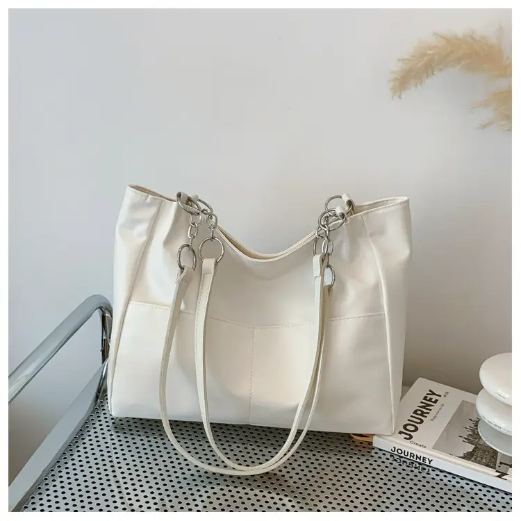 White Casual Shoulder Tote with Pom Pom Pendant — feature 18