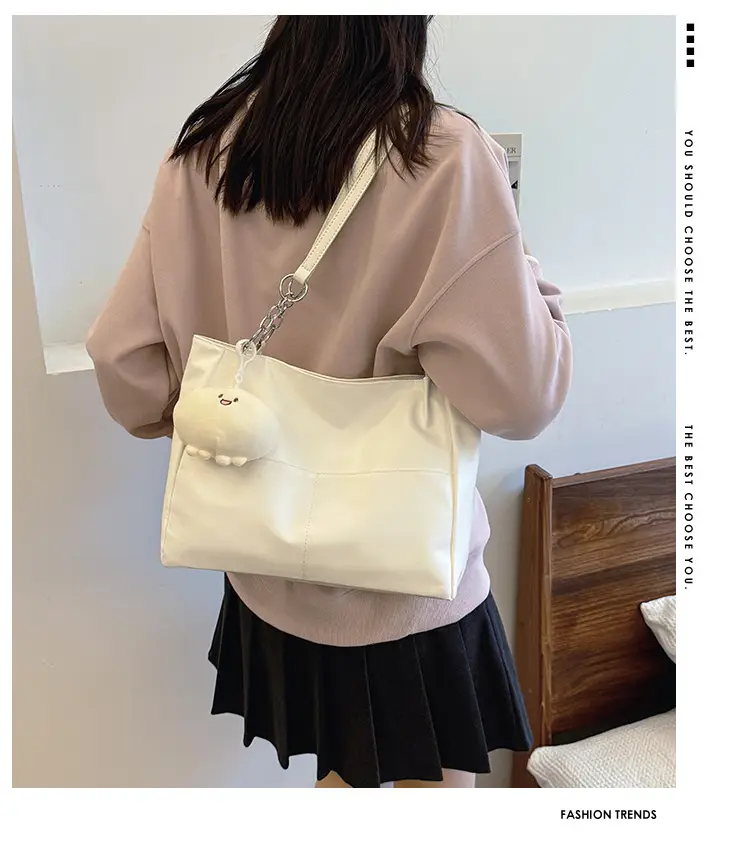 White Casual Shoulder Tote with Pom Pom Pendant — feature 2