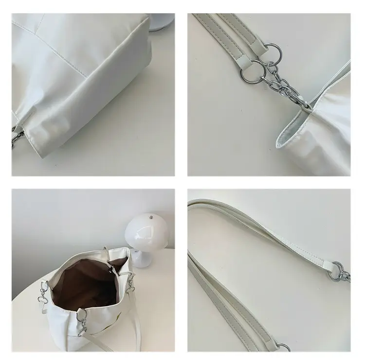 White Casual Shoulder Tote with Pom Pom Pendant — feature 9