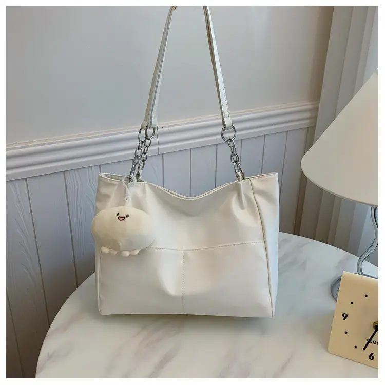 White Casual Shoulder Tote with Pom Pom Pendant - Image 2