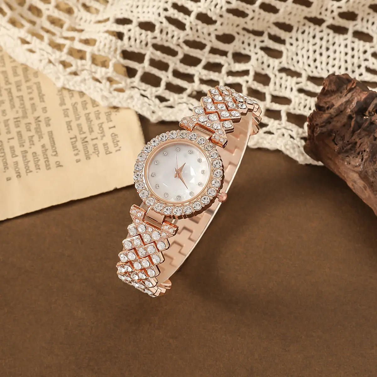 Women's Diamond Scale Steel Watch Bracelet Earrings Ring Necklace Set - Image 6