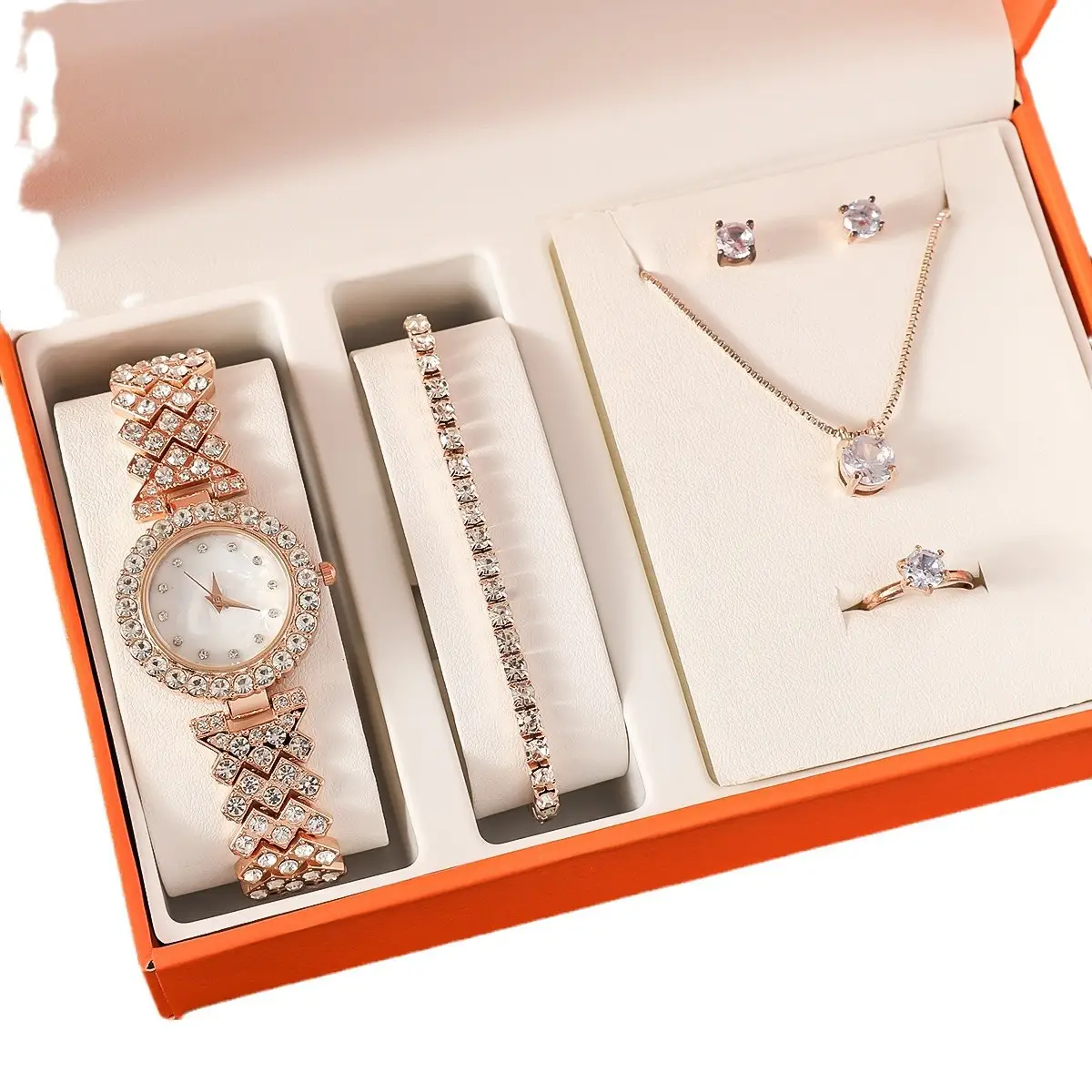 Women's Diamond Scale Steel Watch Bracelet Earrings Ring Necklace Set - Image 8