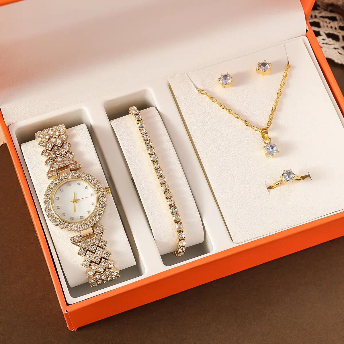 Women's Diamond Scale Steel Watch Bracelet Earrings Ring Necklace Set — feature 1