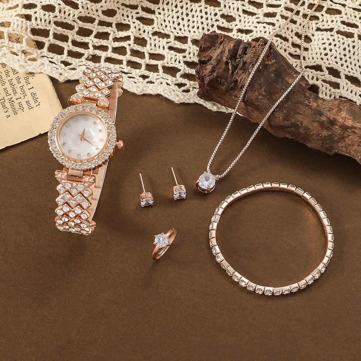 Women's Diamond Scale Steel Watch Bracelet Earrings Ring Necklace Set — feature 12