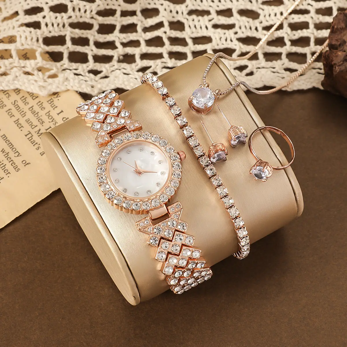 Women's Diamond Scale Steel Watch Bracelet Earrings Ring Necklace Set — feature 15