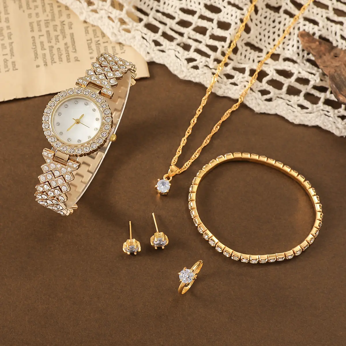 Women's Diamond Scale Steel Watch Bracelet Earrings Ring Necklace Set — feature 2
