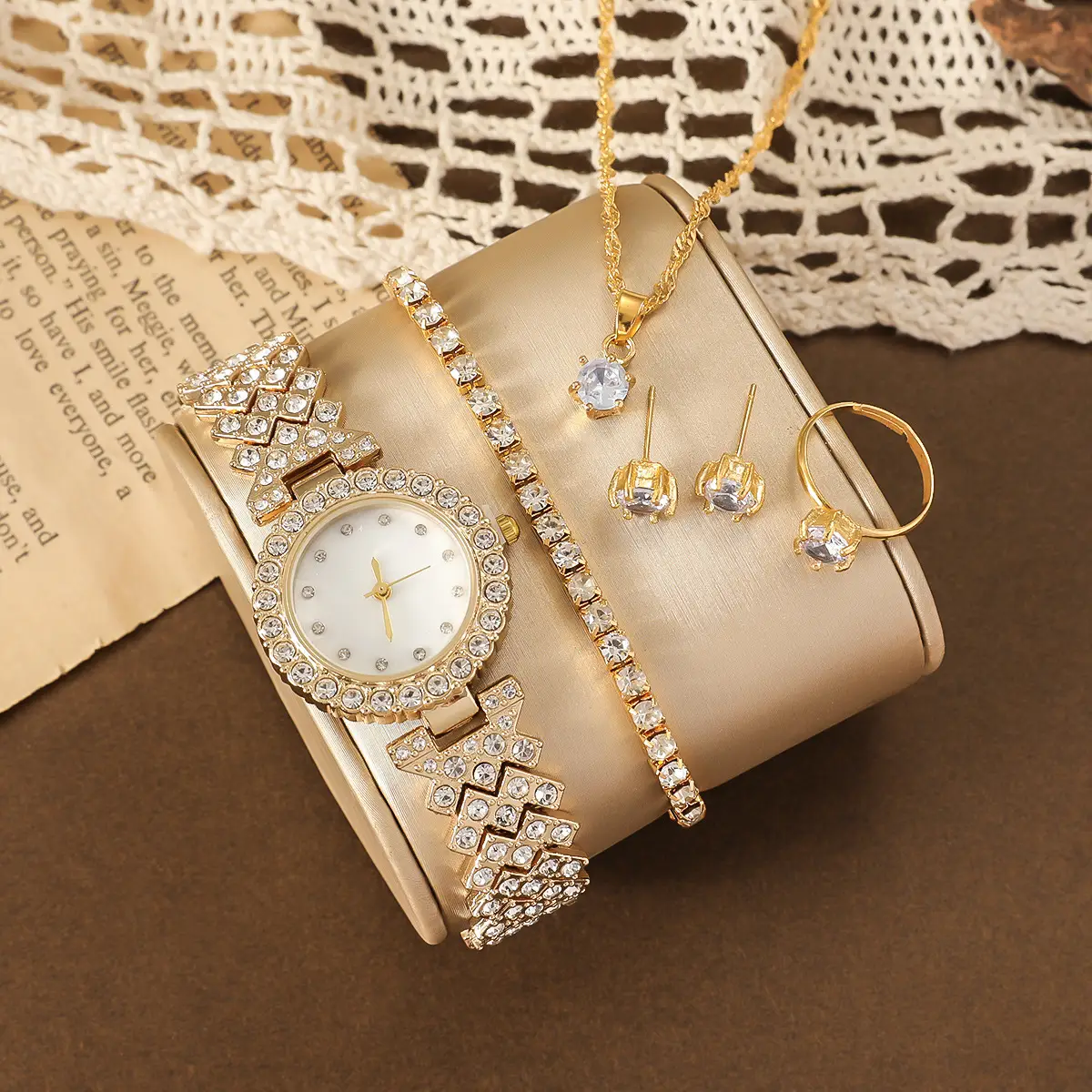 Women's Diamond Scale Steel Watch Bracelet Earrings Ring Necklace Set — feature 4