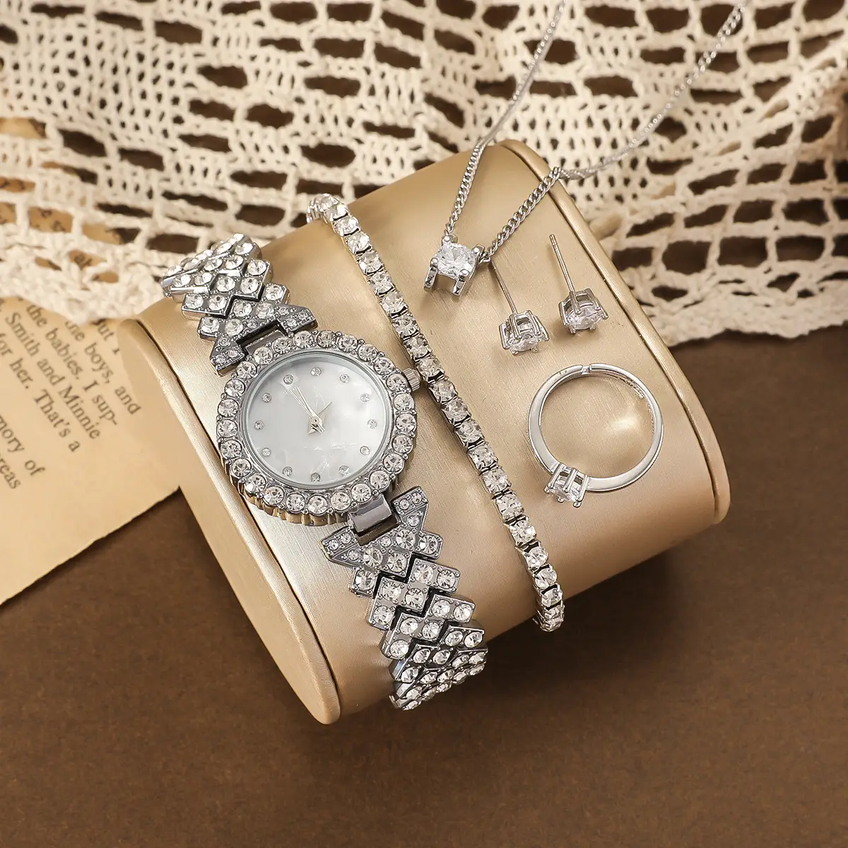 Women's Diamond Scale Steel Watch Bracelet Earrings Ring Necklace Set — feature 6
