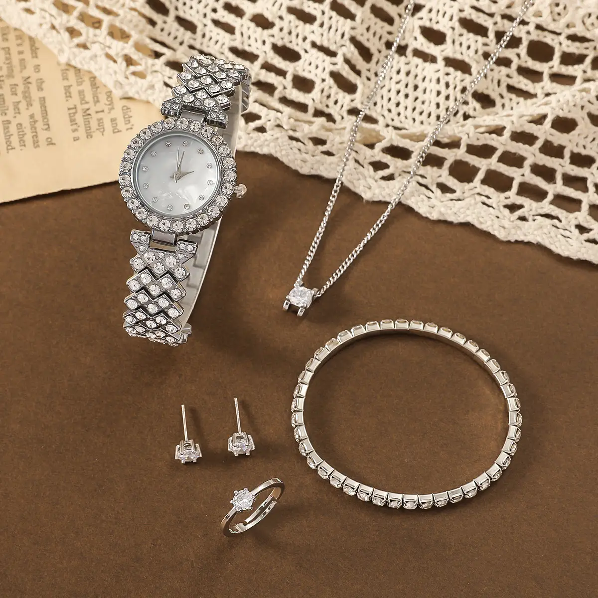 Women's Diamond Scale Steel Watch Bracelet Earrings Ring Necklace Set — feature 8