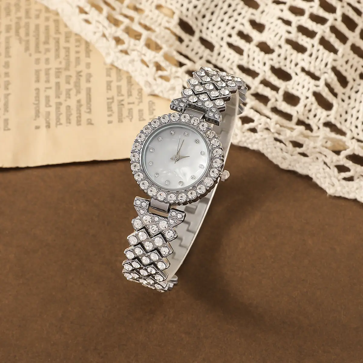 Women's Diamond Scale Steel Watch Bracelet Earrings Ring Necklace Set — feature 9