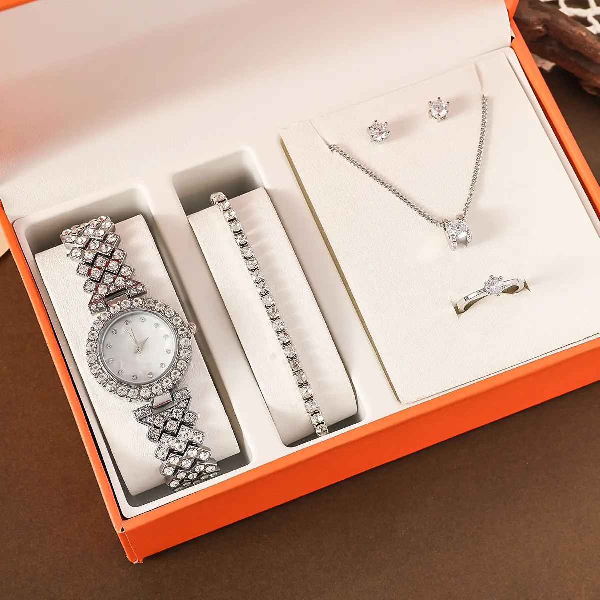 Women's Diamond Scale Steel Watch Bracelet Earrings Ring Necklace Set - Image 3