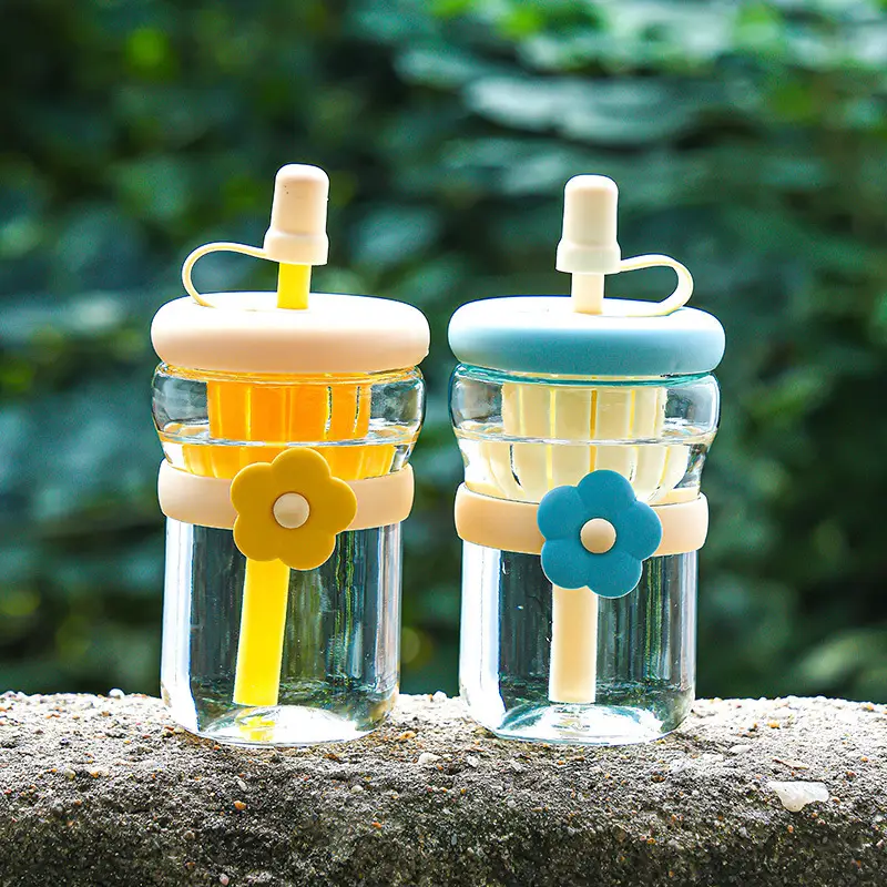Summer Simple Flower Cup with Straw Coffee Cup Girls High-value Glass Water Cup Accompanying Gift Customization