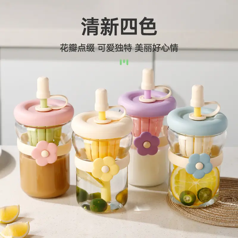 Summer Simple Flower Cup with Straw Coffee Cup Girls High-value Glass Water Cup Accompanying Gift Customization
