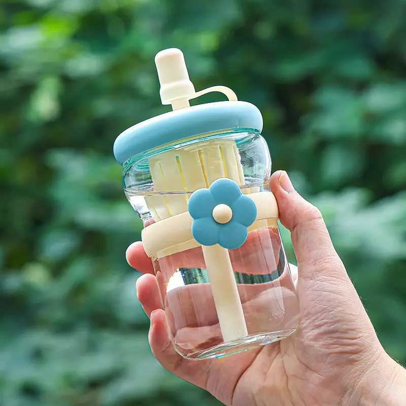 Summer Simple Flower Cup with Straw Coffee Cup Girls High-value Glass Water Cup Accompanying Gift Customization