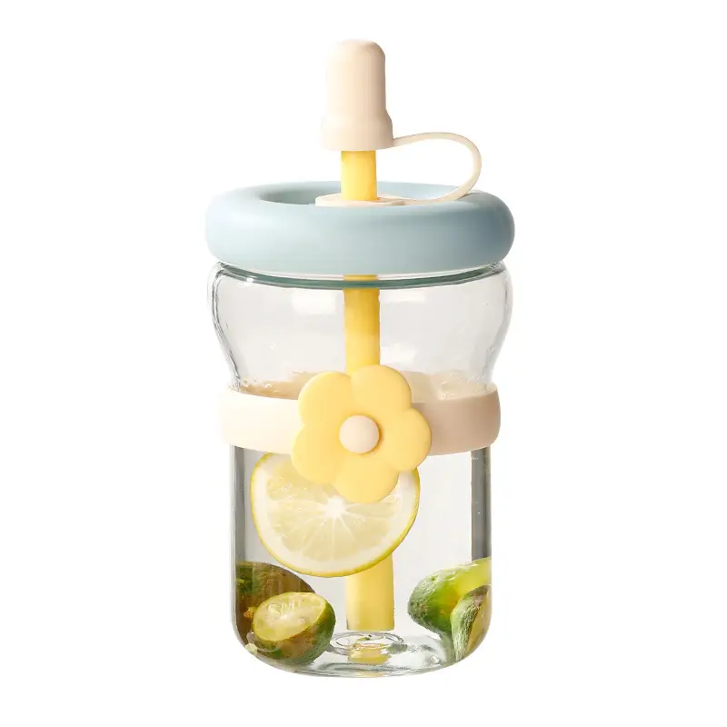 Summer Simple Flower Cup with Straw Coffee Cup Girls High-value Glass Water Cup Accompanying Gift Customization