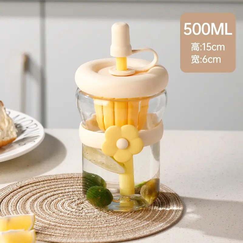 Summer Simple Flower Cup with Straw Coffee Cup Girls High-value Glass Water Cup Accompanying Gift Customization