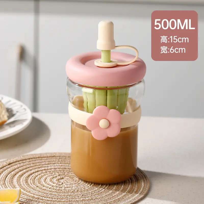 Summer Simple Flower Cup with Straw Coffee Cup Girls High-value Glass Water Cup Accompanying Gift Customization
