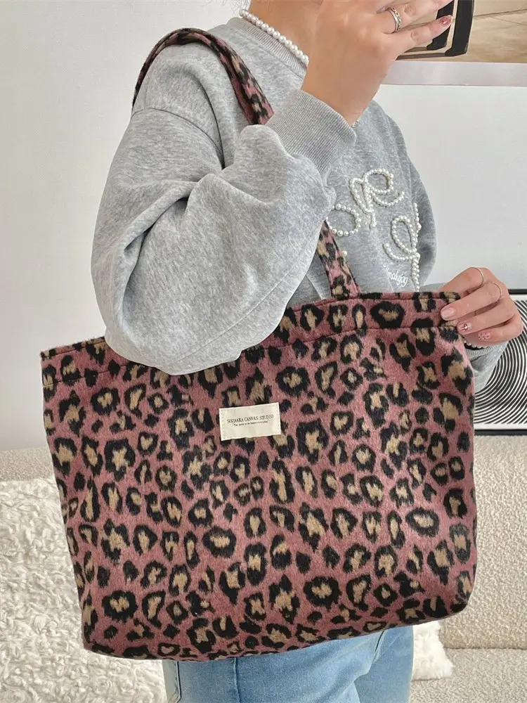 Women Leopard Print Canvas Shoulder Bag Large Capacity - Image 3