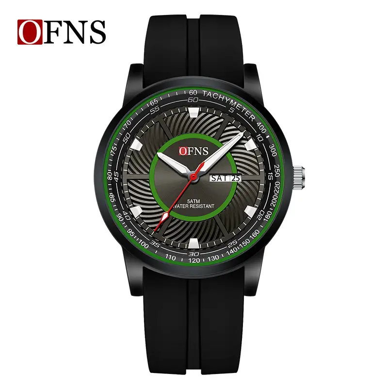 Men's Waterproof Quartz Watch with Green Dial & Black Strap - Image 3