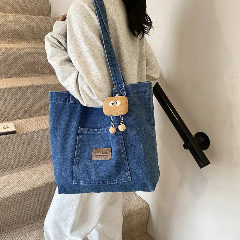 American Style Antique Denim Tote Bag Large Capacity - Image 3