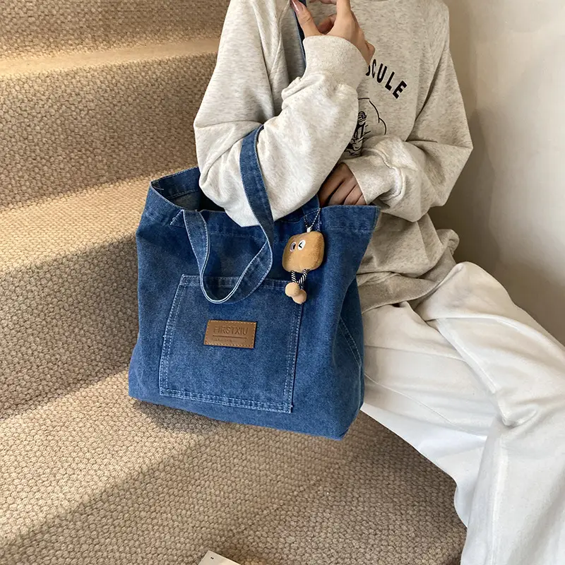 American Style Antique Denim Tote Bag Large Capacity - Image 4