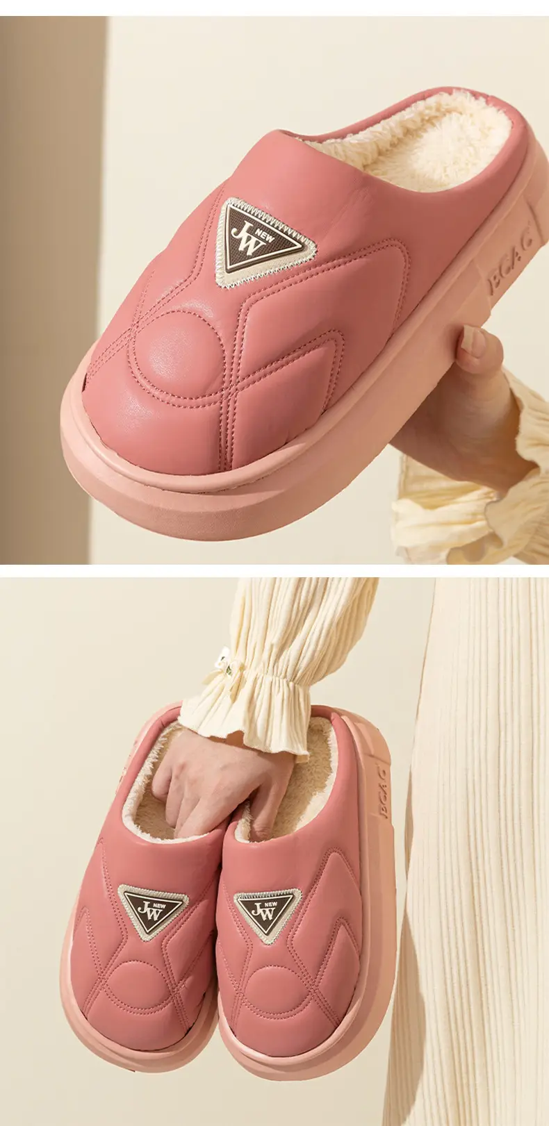 Waterproof Cotton Slippers for Women 2024 New Winter Indoor Home Thick Bottom fleece-lined Warm Outer Wear Couple Cotton Slippers for Men — feature 9