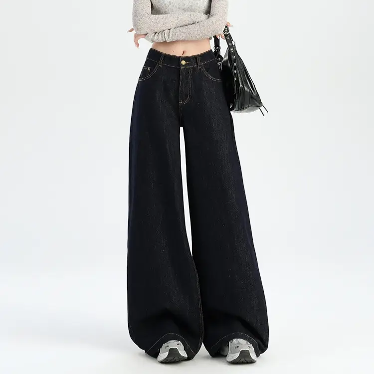 American-style Tannin Wide-leg Jeans Women's Dark Blue
