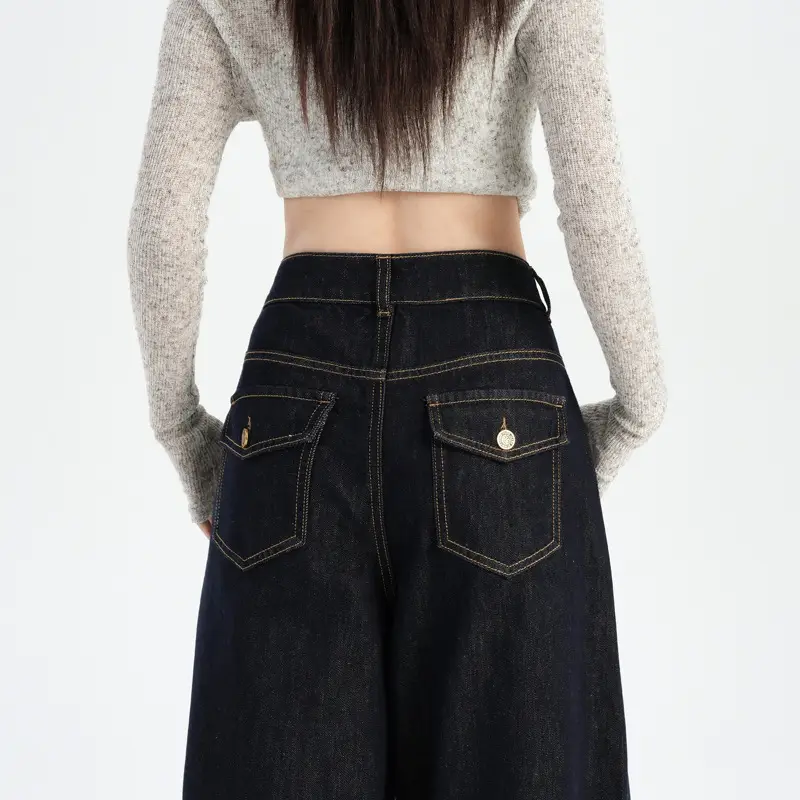 American-style Tannin Wide-leg Jeans Women's Dark Blue