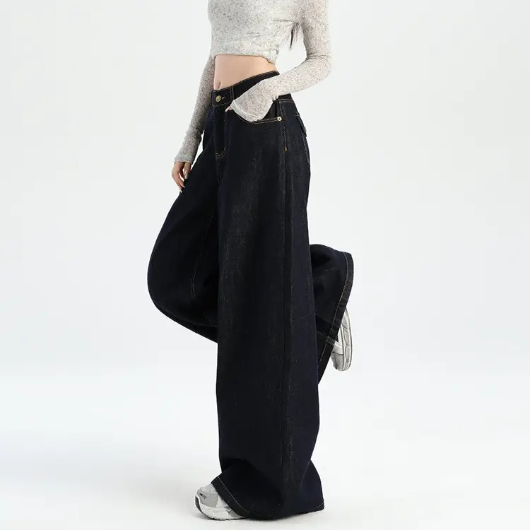 American-style Tannin Wide-leg Jeans Women's Dark Blue