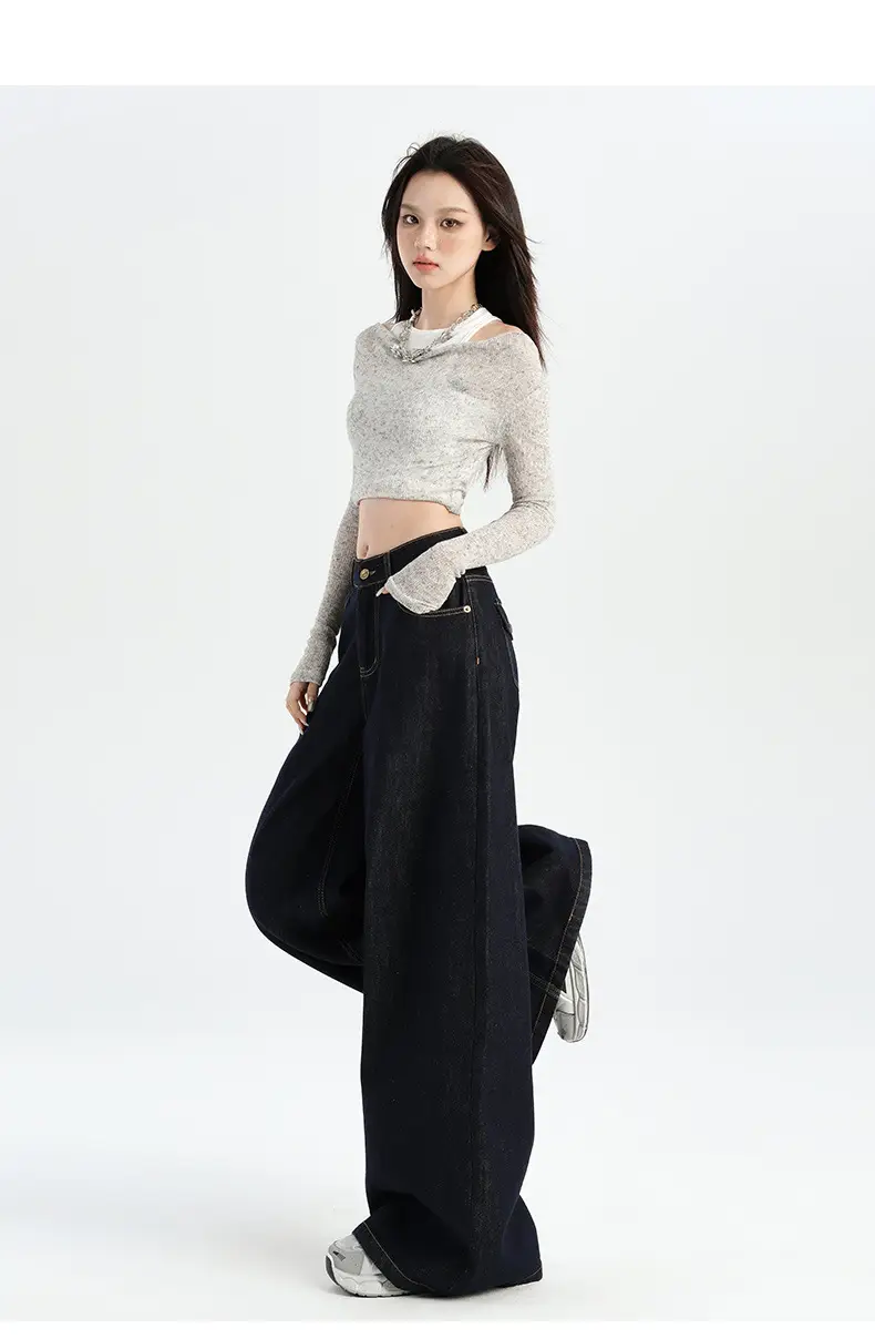 American-style Tannin Wide-leg Jeans Women's Dark Blue — feature 11