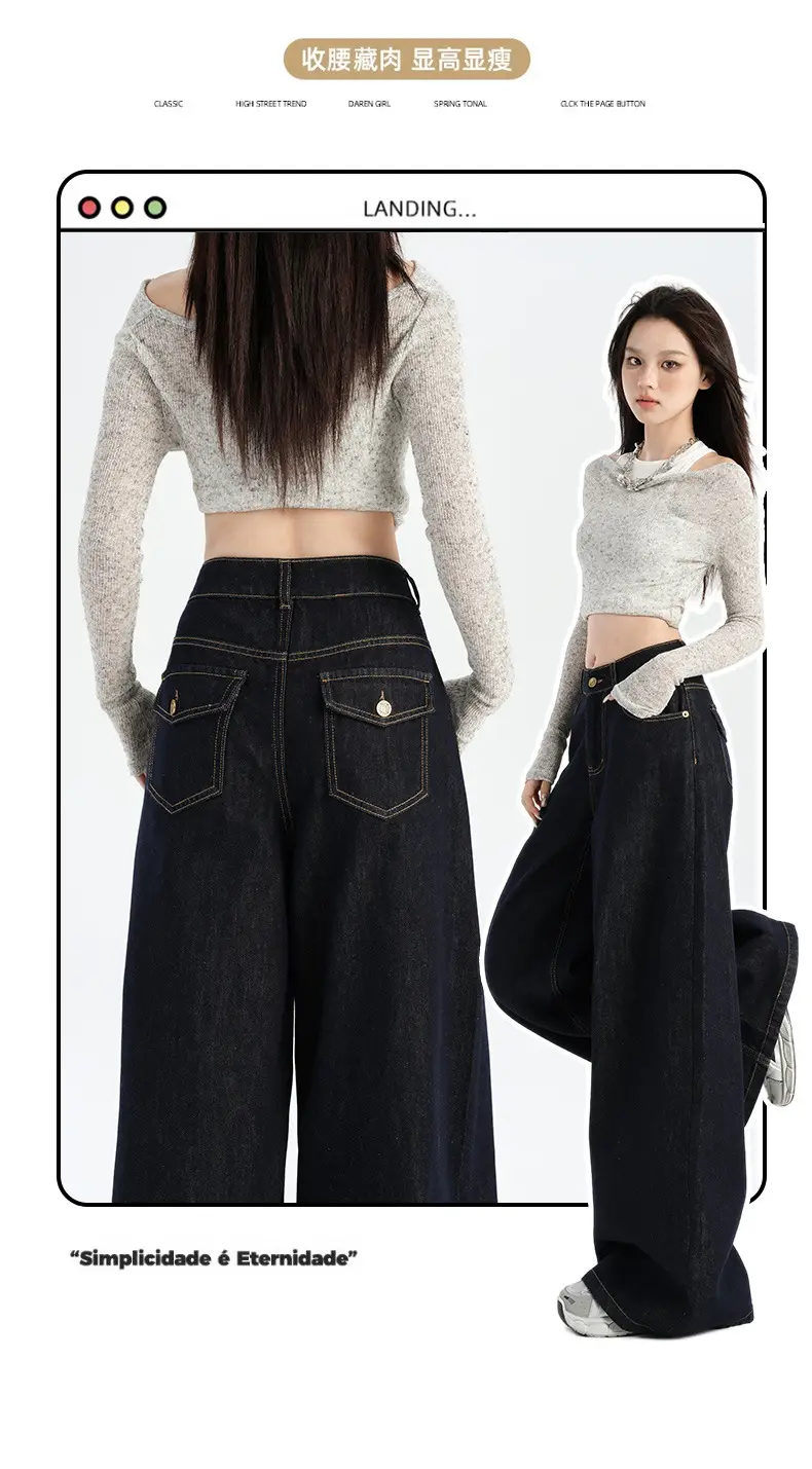 American-style Tannin Wide-leg Jeans Women's Dark Blue — feature 5