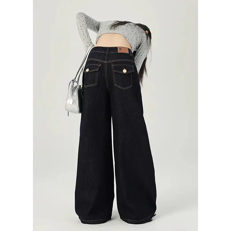 Women Dark Blue Retro Wide Leg Jeans High Waist Loose Slimming