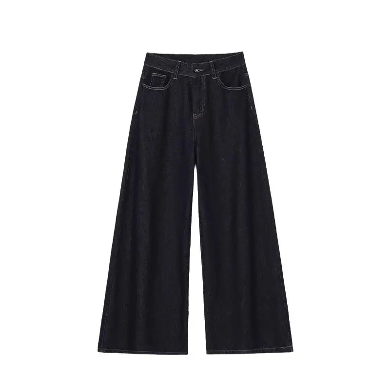 Women Dark Blue Retro Wide Leg Jeans High Waist Loose Slimming