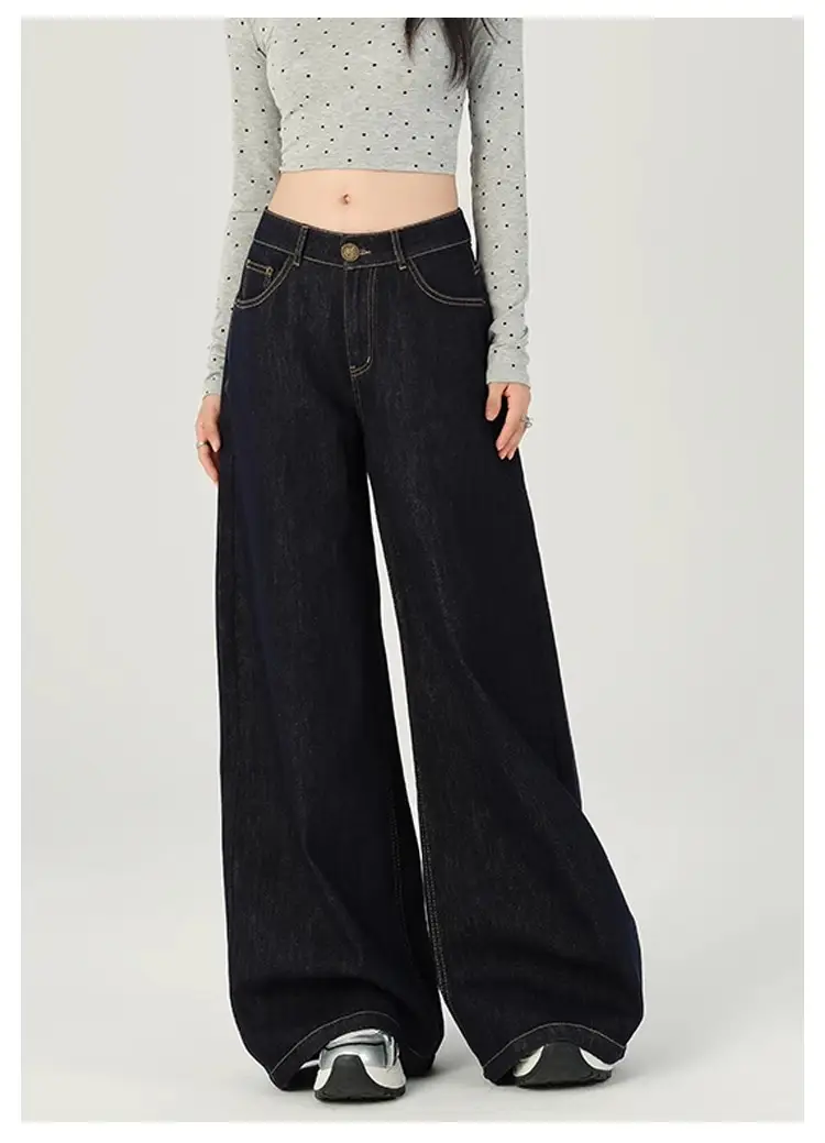 Women Dark Blue Retro Wide Leg Jeans High Waist Loose Slimming — feature 10