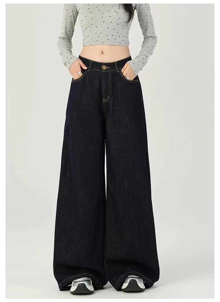 Women Dark Blue Retro Wide Leg Jeans High Waist Loose Slimming — feature 11
