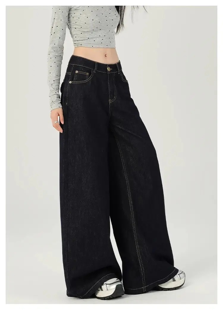 Women Dark Blue Retro Wide Leg Jeans High Waist Loose Slimming — feature 12