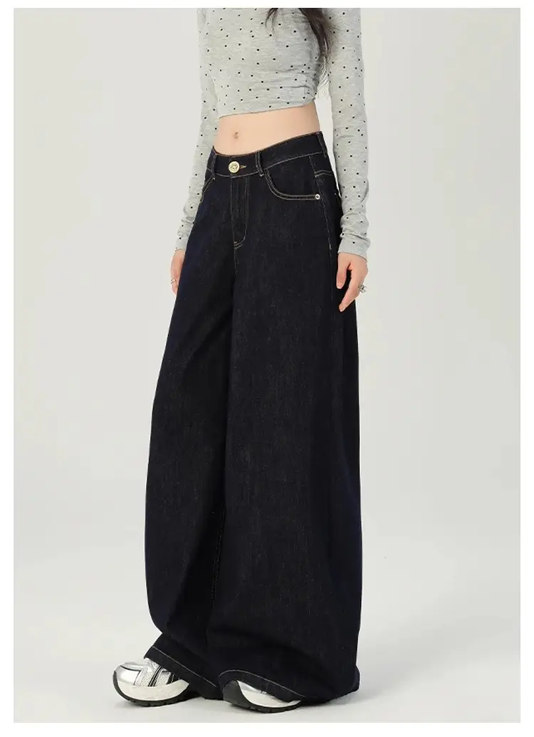 Women Dark Blue Retro Wide Leg Jeans High Waist Loose Slimming — feature 13
