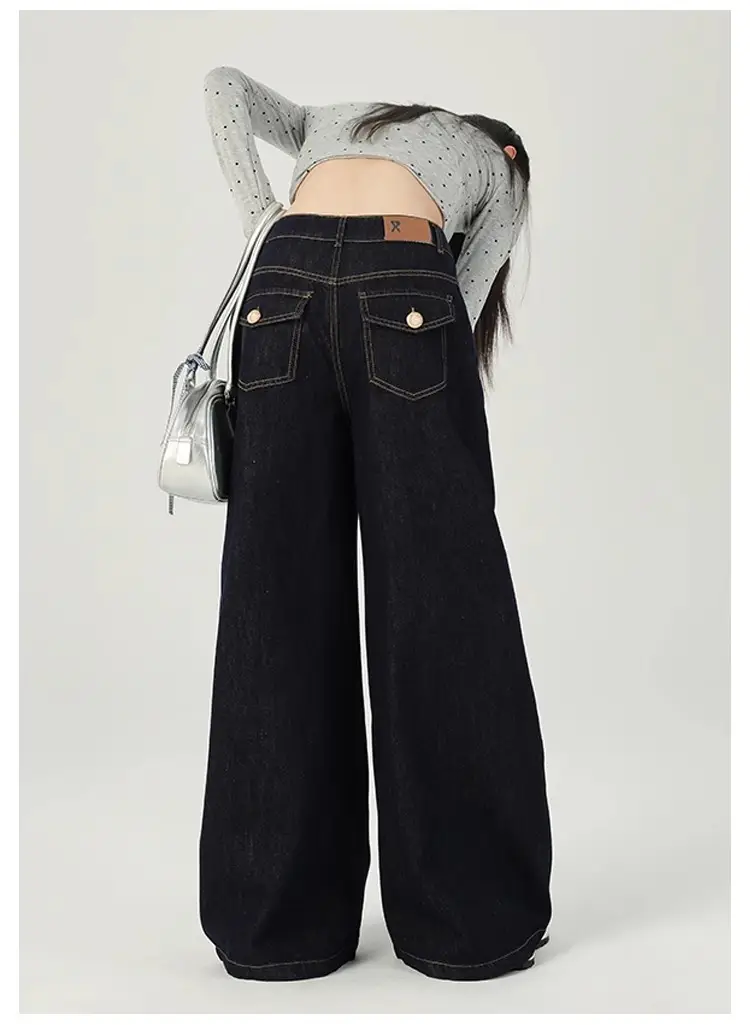 Women Dark Blue Retro Wide Leg Jeans High Waist Loose Slimming — feature 14