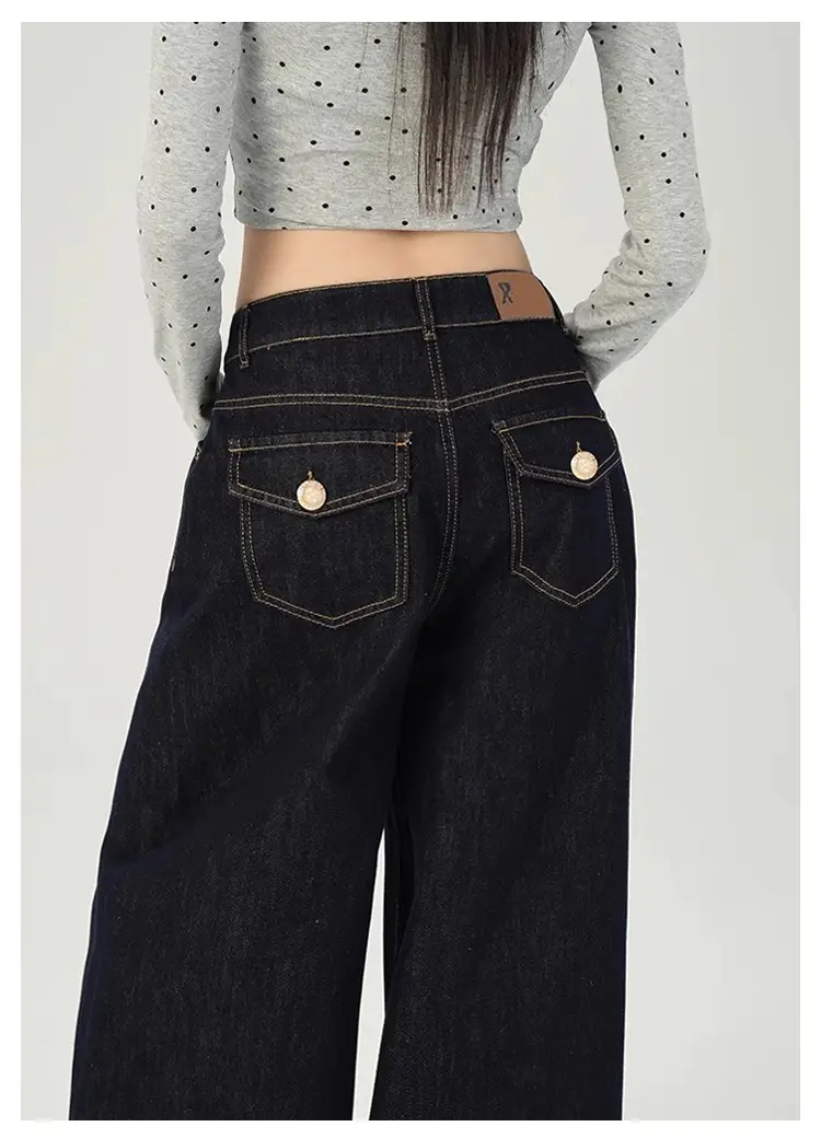 Women Dark Blue Retro Wide Leg Jeans High Waist Loose Slimming — feature 15