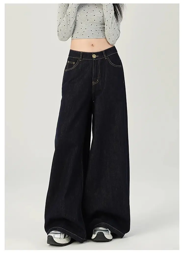 Women Dark Blue Retro Wide Leg Jeans High Waist Loose Slimming — feature 16