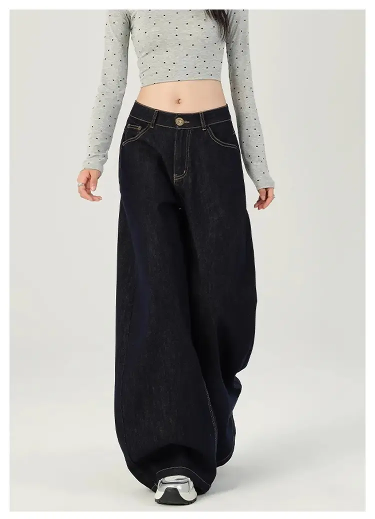 Women Dark Blue Retro Wide Leg Jeans High Waist Loose Slimming — feature 17