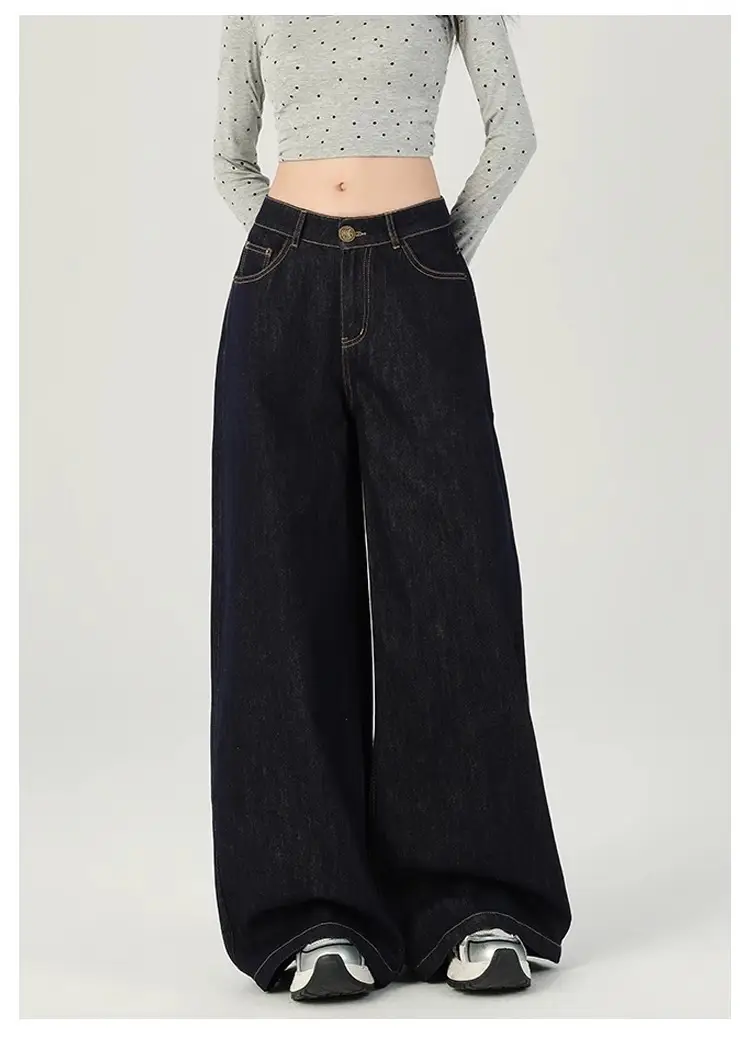 Women Dark Blue Retro Wide Leg Jeans High Waist Loose Slimming — feature 18