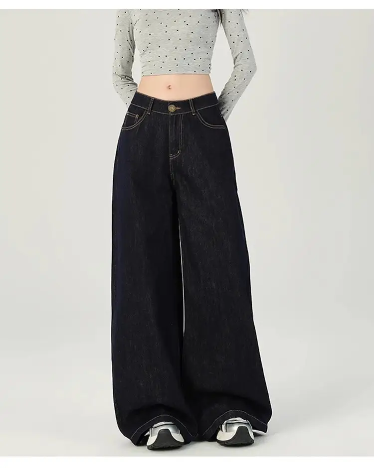 Women Dark Blue Retro Wide Leg Jeans High Waist Loose Slimming — feature 2